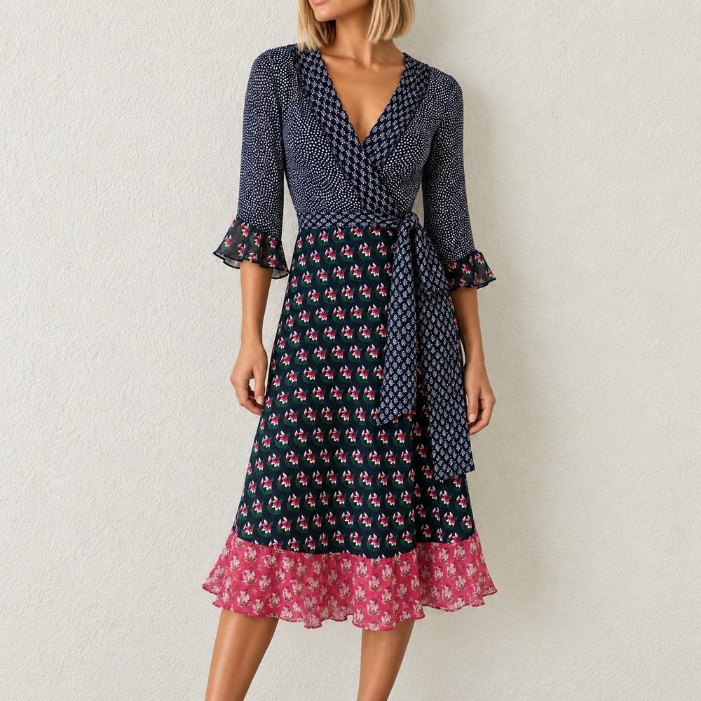 Diane von Furstenberg Silk Mixed Print Wrap Dress Navy Floral Polka Dot sz 14